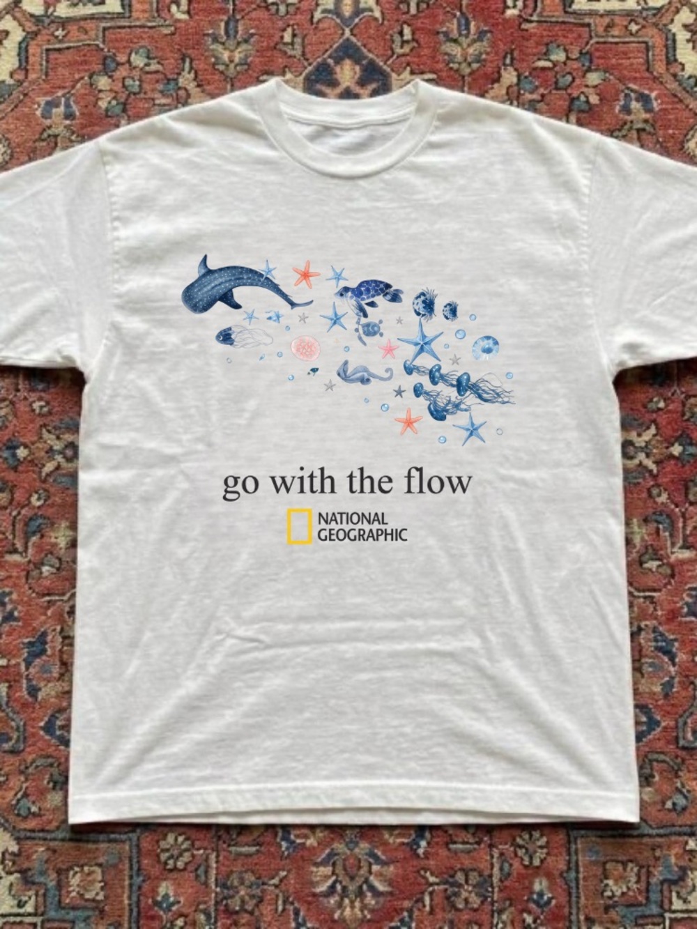 Go With The Flow Whale Turtle Marine Life Vintage White T-Shirt